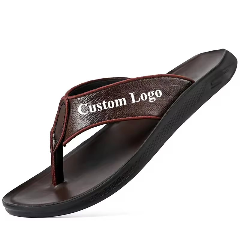 Wholesale Factory Supply Custom LOGO Large Size Genuine Leather Printed Unisex Slipper Flip-Flops for Men